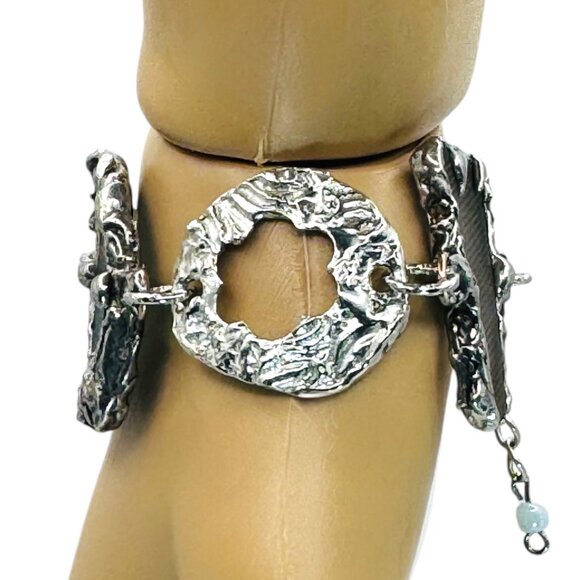 Sea Glass & Silver Cutout Boho Artisan Metalwork Bracelet w/ Adjustable Closure - Picture 9 of 16